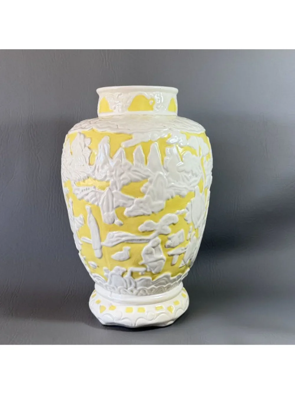 Vintage Stangl Pottery Chinoiserie Vase Yellow White Pagoda Relief Irene 11